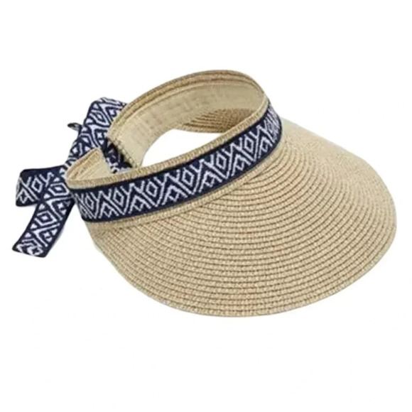 Sea & Grass x Fab Fit Fun Straw Visor with Navy Ribbon Adjustable New with Tags - Picture 2 of 8